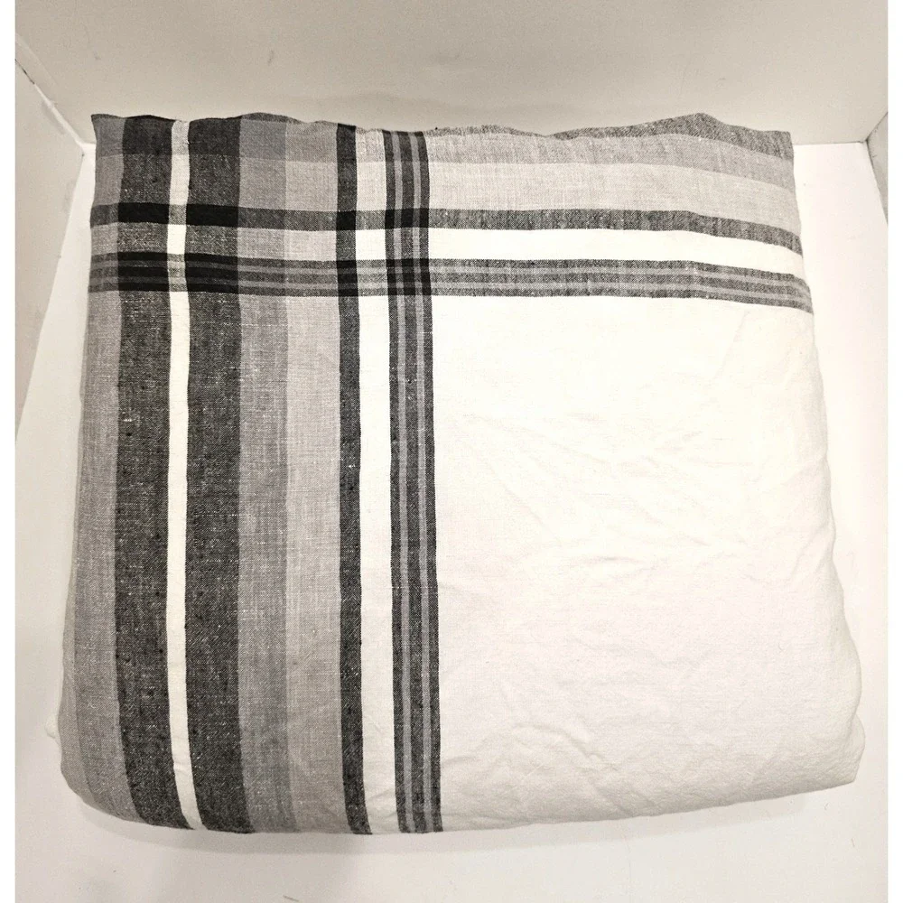 Hotel Collection King Duvet Cover 100% Linen Grey White Oversized Plaid Modern